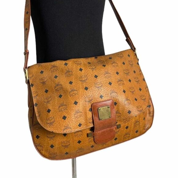 MCM Visetos LEATHER Crossbody Bag Briefcase Messenger Shoulder Cognac - Picture 1 of 11